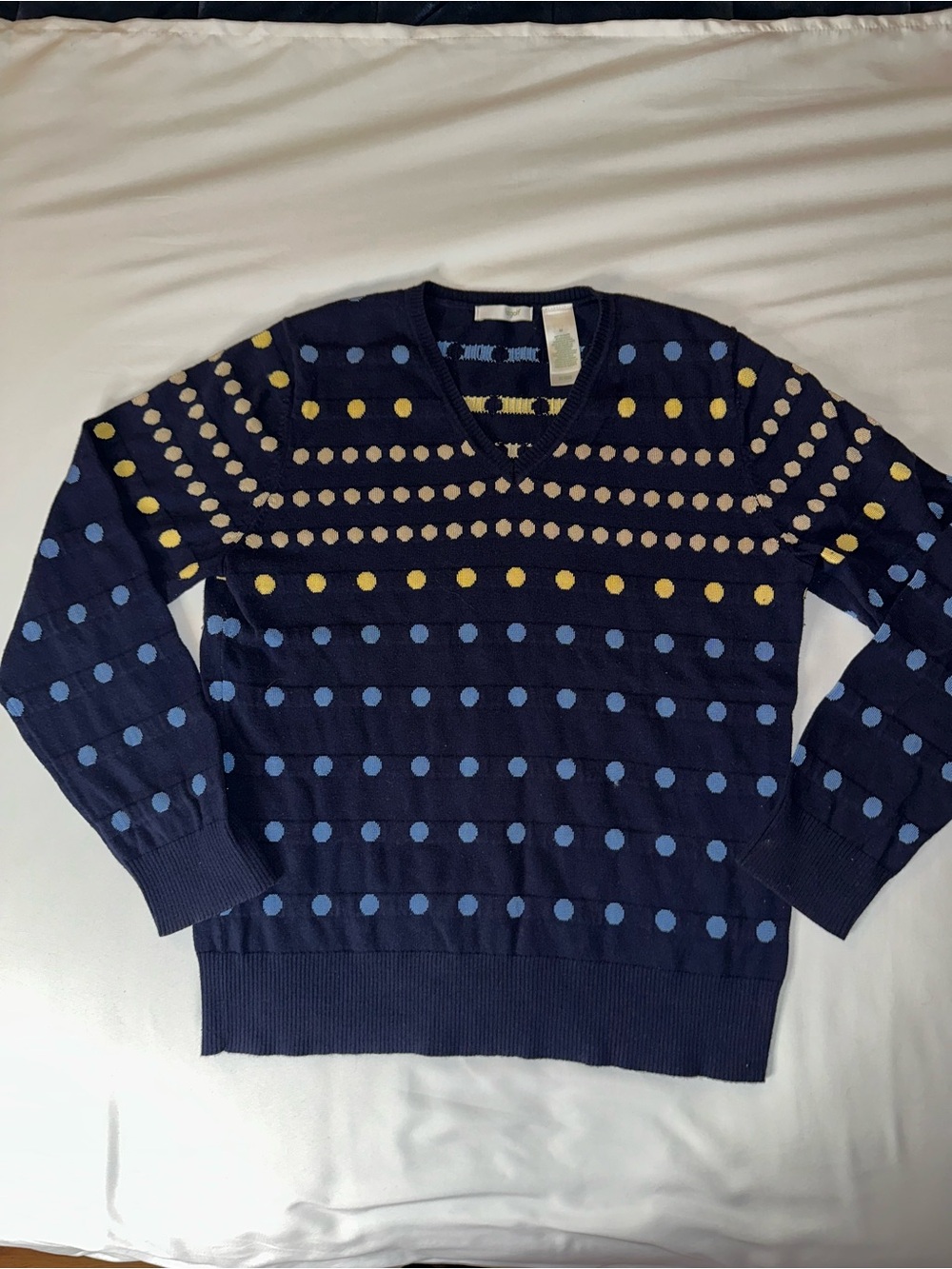 LizGolf Navy Polka Dot V-Neck Sweater - Blue & Yellow